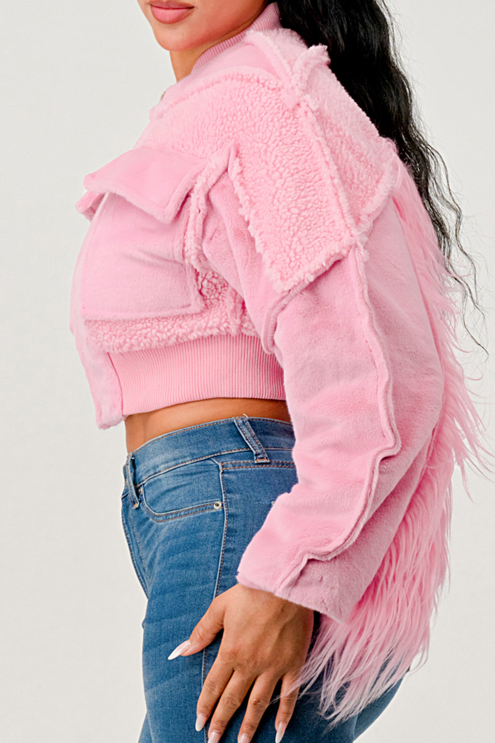 Pink Barb Faux Fur Cropped Bomber Jacket