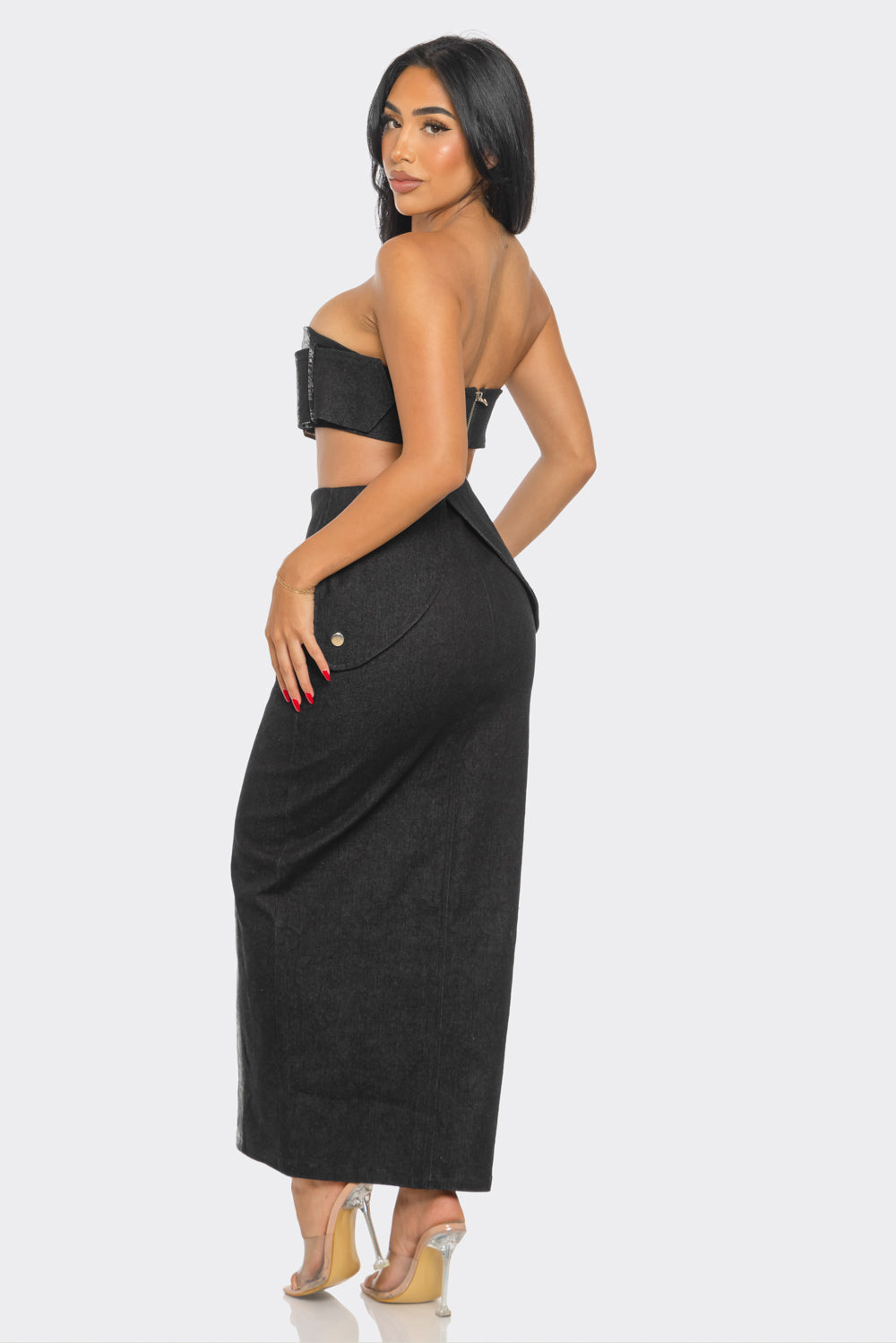 Metallic Black Denim Dress Set