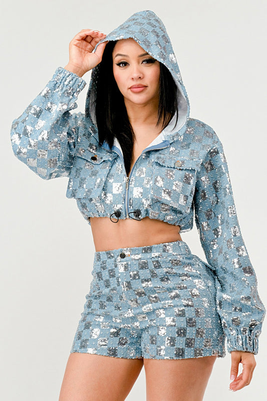 2-Pc Denim Shorts Jumper Set