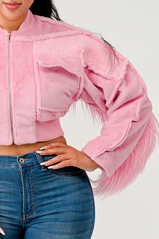 Pink Barb Faux Fur Cropped Bomber Jacket