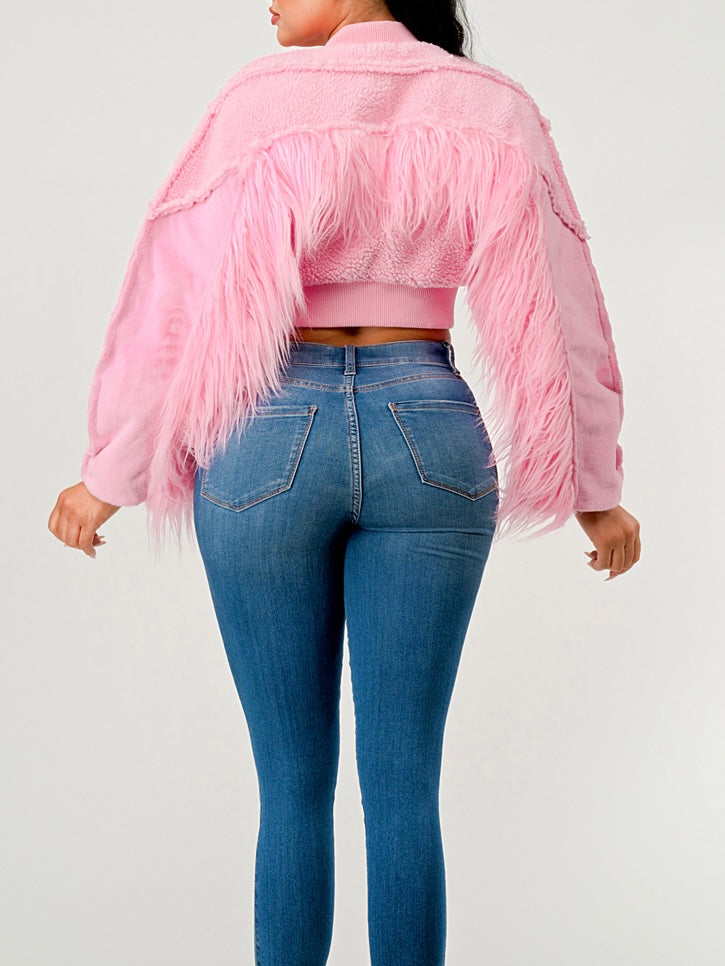 Pink Barb Faux Fur Cropped Bomber Jacket