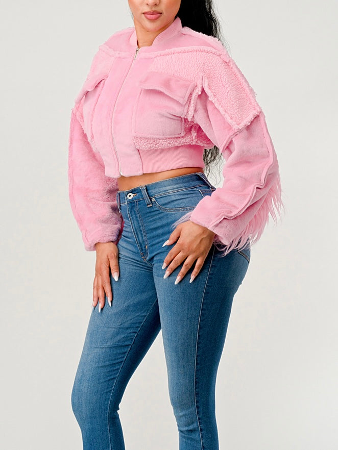 Pink Barb Faux Fur Cropped Bomber Jacket