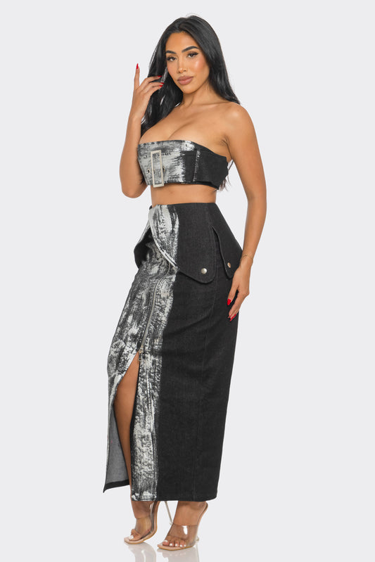 2-Piece Metallic Black Denim Set