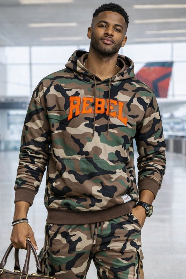 Man in rebel camouflage hoodie and pants 